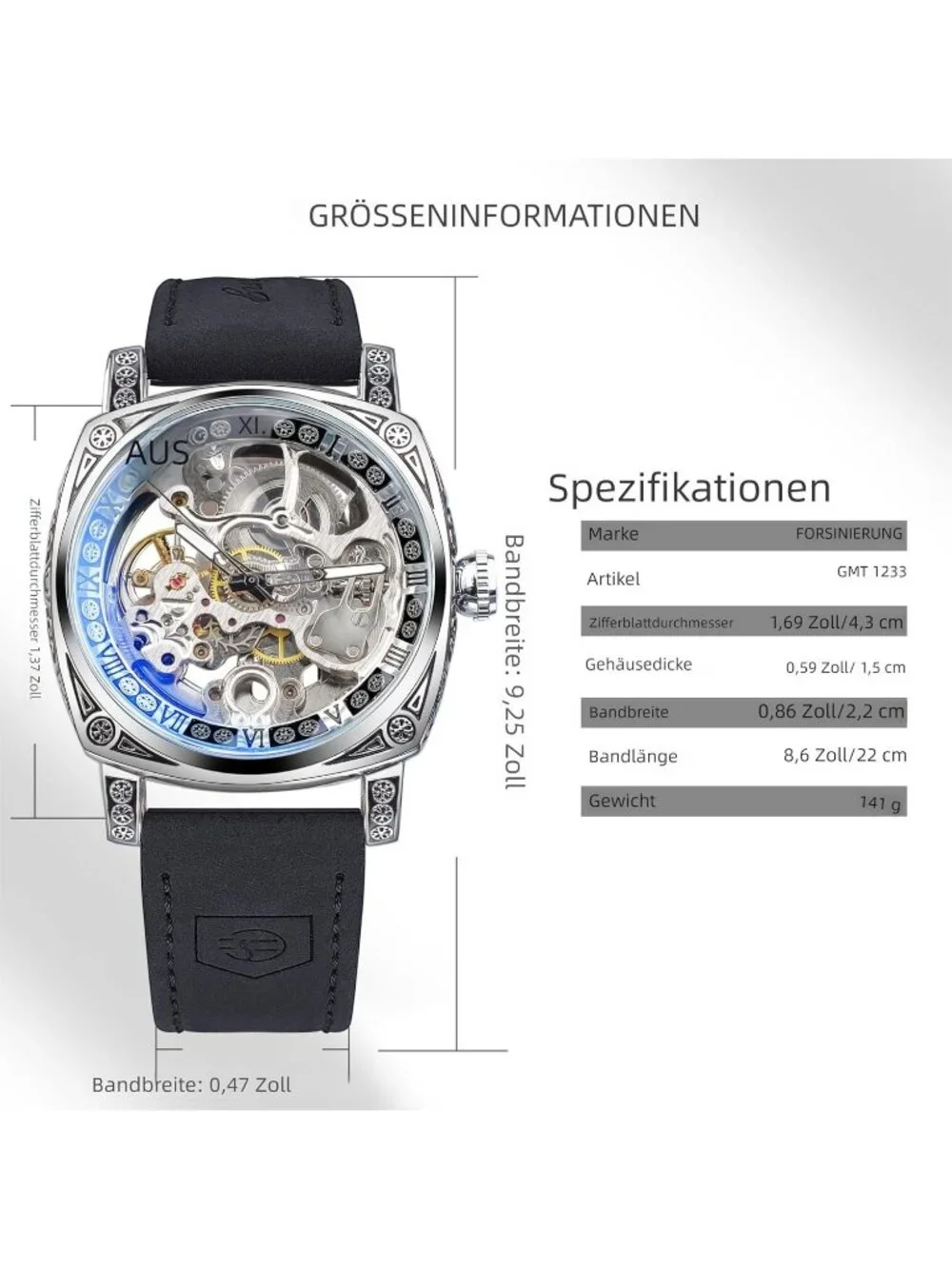 Men's Black Square Mechanical Leather Strap Self-Wind Carved Automatic Watch